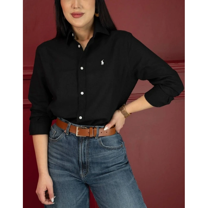 Kadın Premium %100 Linen (Keten) Regular Fit Gömlek - Siyah