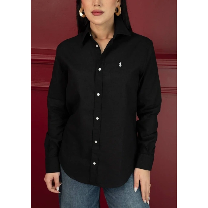Kadın Premium %100 Linen (Keten) Regular Fit Gömlek - Siyah