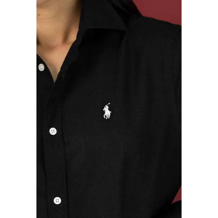Kadın Premium %100 Linen (Keten) Regular Fit Gömlek - Siyah