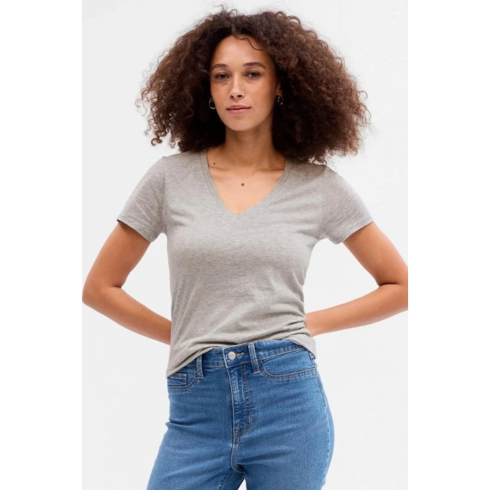 Kadın V Yaka Basic Pamuklu T-Shirt Gri