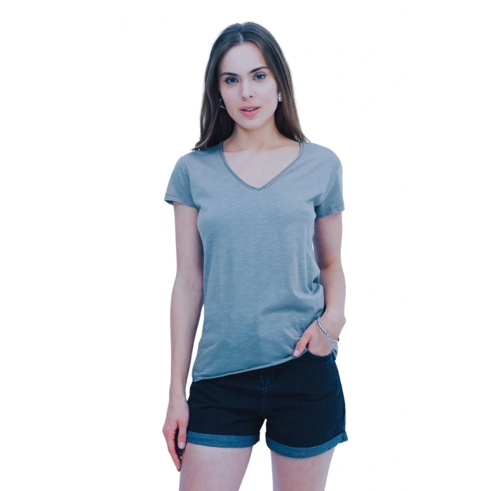 Kadın V Yaka Basic Pamuklu T-Shirt Soluk Mavi