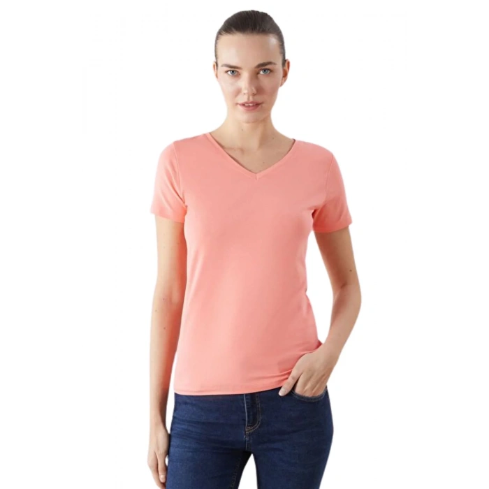 Kadın V Yaka Basic Pamuklu T-Shirt Toz Pembe