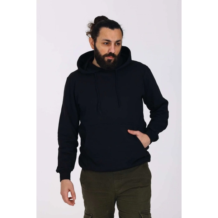 Kapüşonlu İçi Polarlı Regular Kalıp Erkek Sweatshirt Siyah