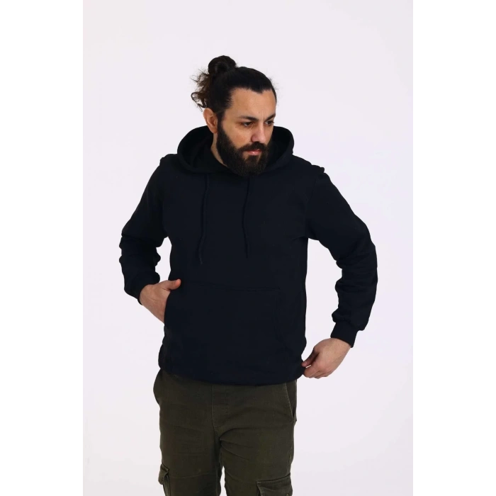 Kapüşonlu İçi Polarlı Regular Kalıp Erkek Sweatshirt Siyah