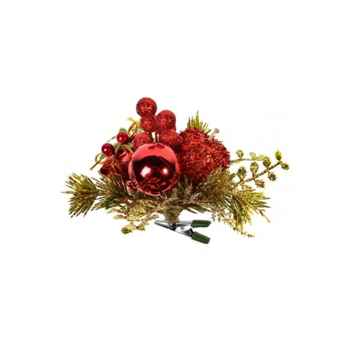 Klipsli Yılbaşı Çiçeği Köknar Altın Simli Kırmızı Elma 18 cm
