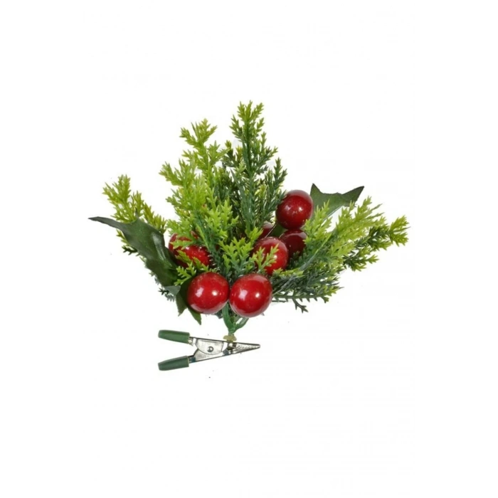 Klipsli Yılbaşı Çiçeği Köknar Dalı Kırmızı Meyveler 9cm