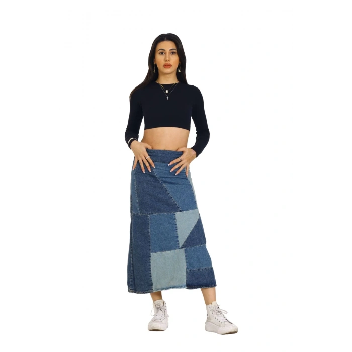 Mavi Patchwork Desenli Denim Kot Etek