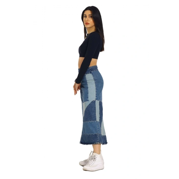 Mavi Patchwork Desenli Denim Kot Etek
