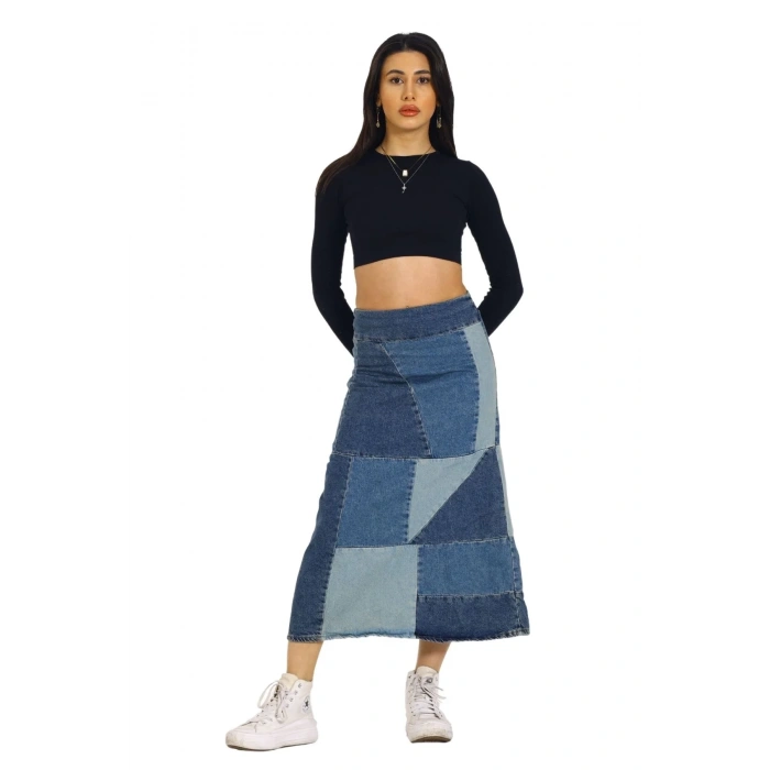 Mavi Patchwork Desenli Denim Kot Etek