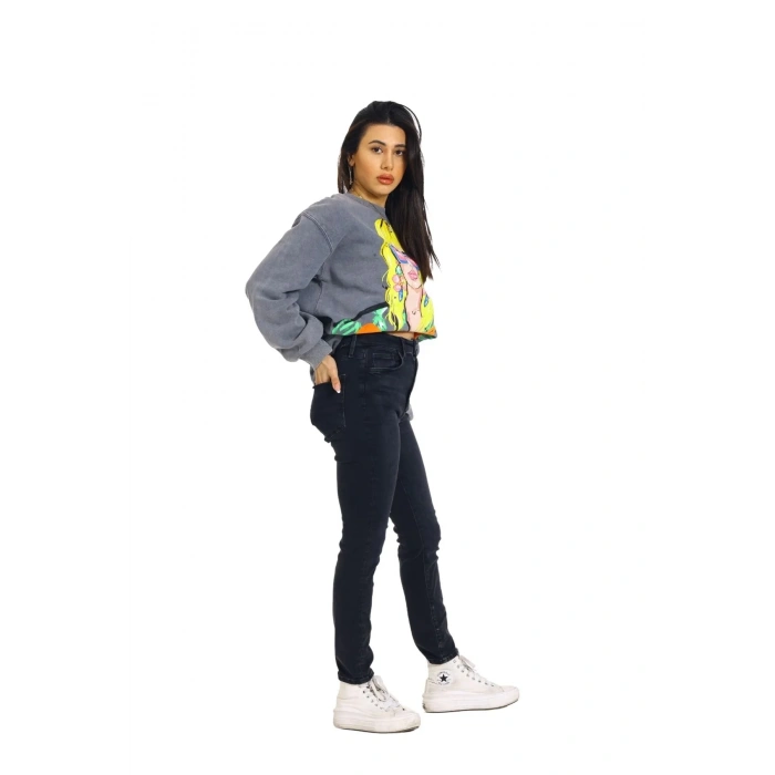 Önü Baskılı Bisiklet Yaka Kadın Sweatshirt