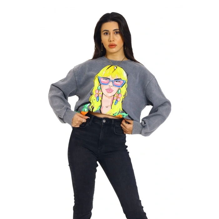Önü Baskılı Bisiklet Yaka Kadın Sweatshirt