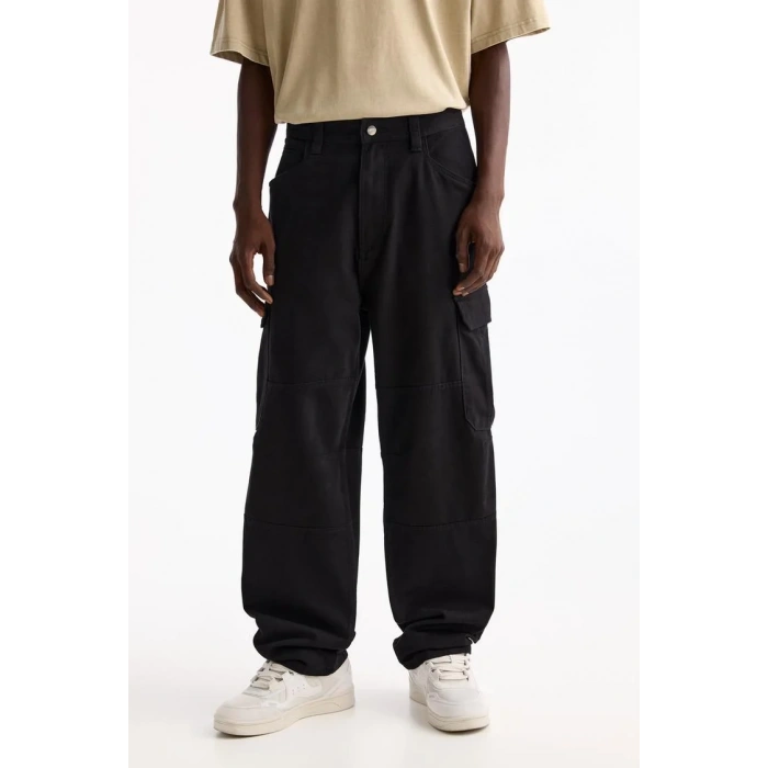 Oversize %100 Cotton Erkek Kargo Kot Pantolon Siyah