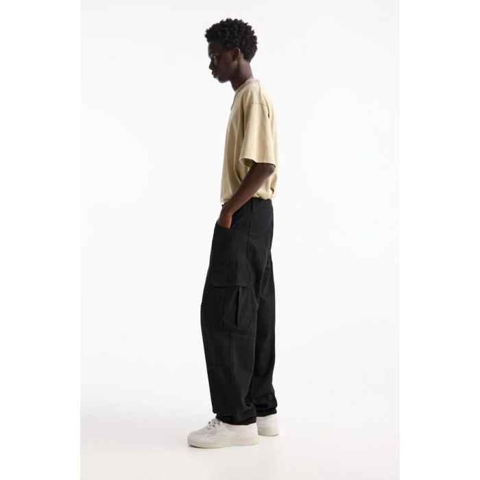 Oversize %100 Cotton Erkek Kargo Kot Pantolon Siyah