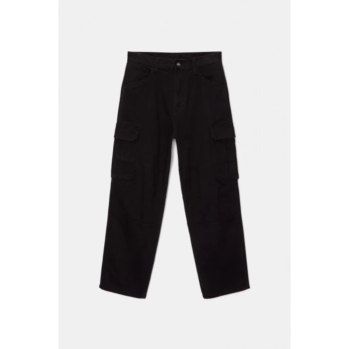Oversize %100 Cotton Erkek Kargo Kot Pantolon Siyah