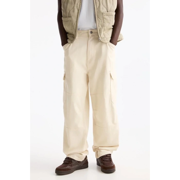 Oversize %100 Cotton Erkek Kot Kargo Pantolon Bej