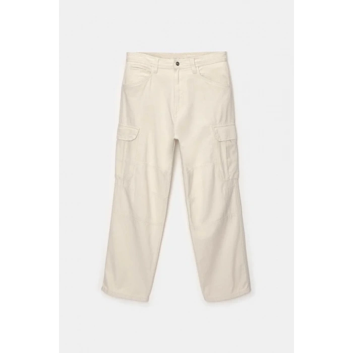 Oversize %100 Cotton Erkek Kot Kargo Pantolon Bej