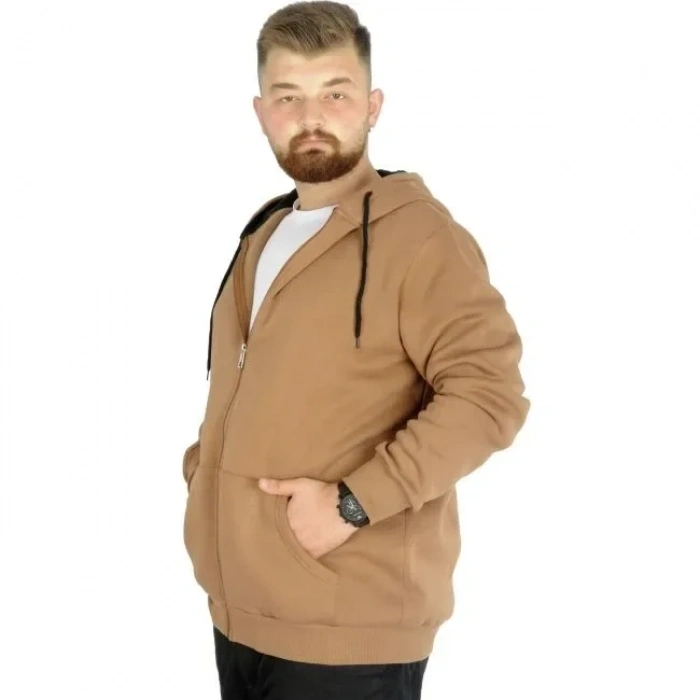 Sweatshirt Kapüşonlu Fermuarlı Basic Bej