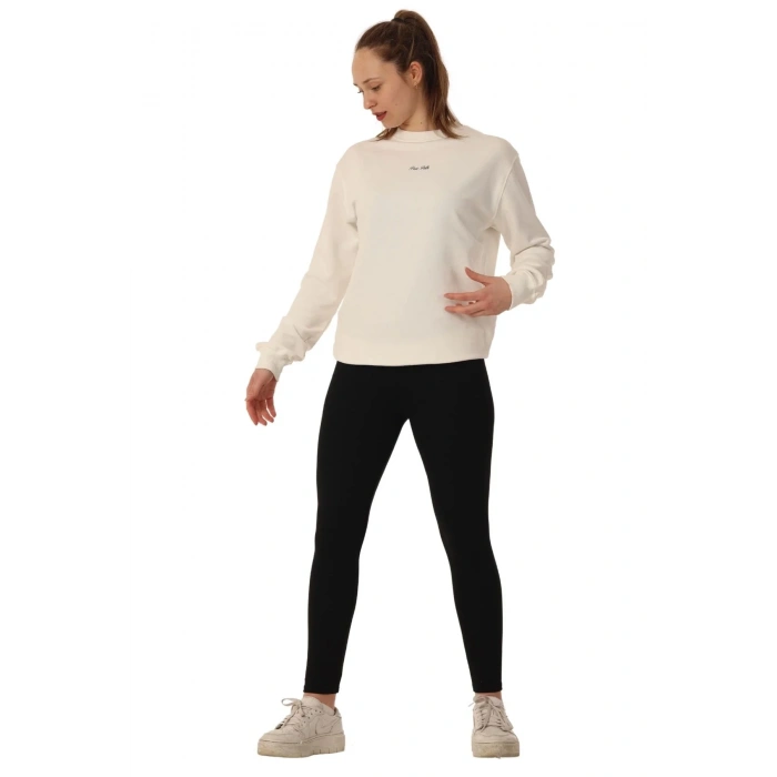 Unisex Bisiklet Yaka Baskılı Beyaz Sweatshirt