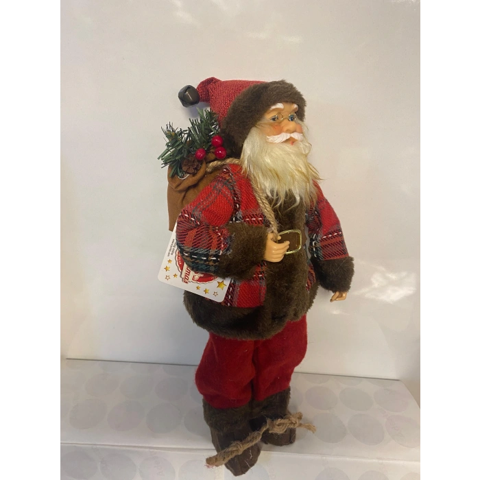 Yılbaşı Gerçekçi Figür Noel Baba Ekose Ceketli Çantalı 35cm