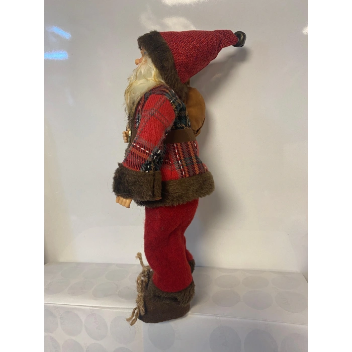 Yılbaşı Gerçekçi Figür Noel Baba Ekose Ceketli Çantalı 35cm