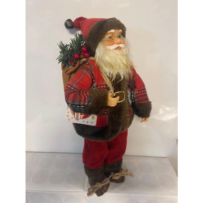 Yılbaşı Gerçekçi Figür Noel Baba Ekose Ceketli Çantalı 35cm
