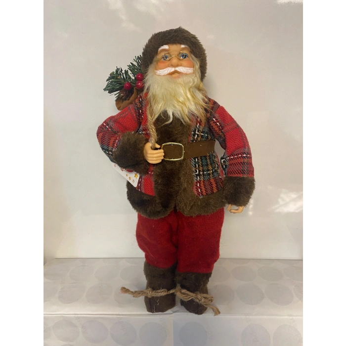 Yılbaşı Gerçekçi Figür Noel Baba Ekose Ceketli Çantalı 35cm