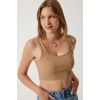Fitilli Kalın Askılı Pamuklu Örme Crop Bej