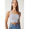 Fitilli Kalın Askılı Pamuklu Örme Crop Gri