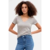 Kadın V Yaka Basic Pamuklu T-Shirt Gri