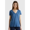 Kadın V Yaka Basic Pamuklu T-Shirt Mavi
