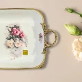 Limoge Çiçek Desenli Altın Kulplu Kare Porselen Sunum Kasesi – 24 cm (5 cm Derinlik)