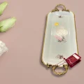 Limoge Çiçek Desenli Altın Kulplu Dikdörtgen Porselen Sunum Tabağı – 39×19 cm (Ayaklı)