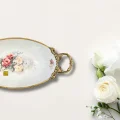 Limoge Çiçek Desenli Altın Kulplu Oval Porselen Sunum Kasesi – 40×8 cm (Ayaklı)