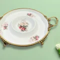 Limoge Çiçek Desenli Sos Hazneli Porselen Sunum Tabağı 39×30 cm | Ayaklı & Altın Detaylı Çift Kulp