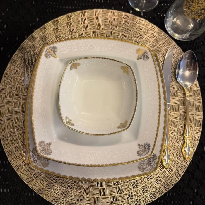 24 Parça 6 Kişilik Kare Porselen Yemek Takımı – Altın Varak Desenli