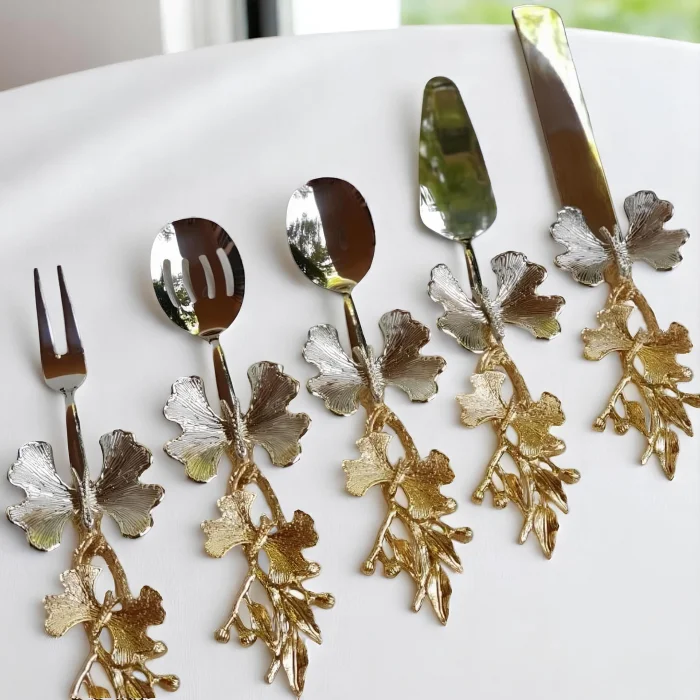 5 Parça Kelebek Desenli Gold Saplı Çelik Servis Seti