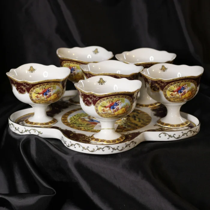 Klasik Desenli 6’lı Dondurmalık ve Tepsi Seti – Şık Sunum Takımı