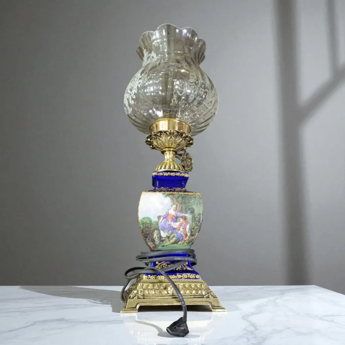 Klasik Desenli Cam Şapkalı Elektrikli Porselen 2li Mavi- Yeşil Abajur