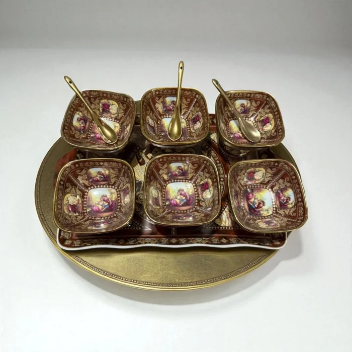 İthal Fine Porcelain Altın Yaldızlı Tepsi ve 6’lı Dondurmalık Seti