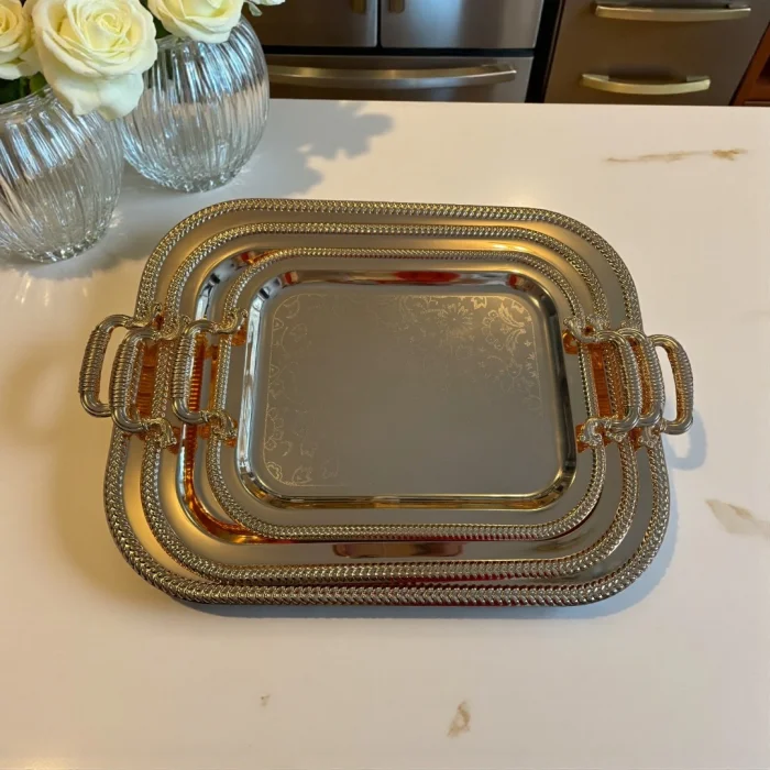 RoyalLine Lüks Desenli Dikdörtgen Çelik Tepsi Seti