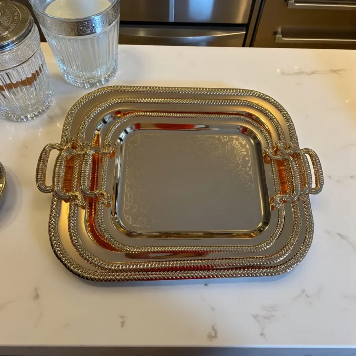 RoyalLine Lüks Desenli Dikdörtgen Çelik Tepsi Seti