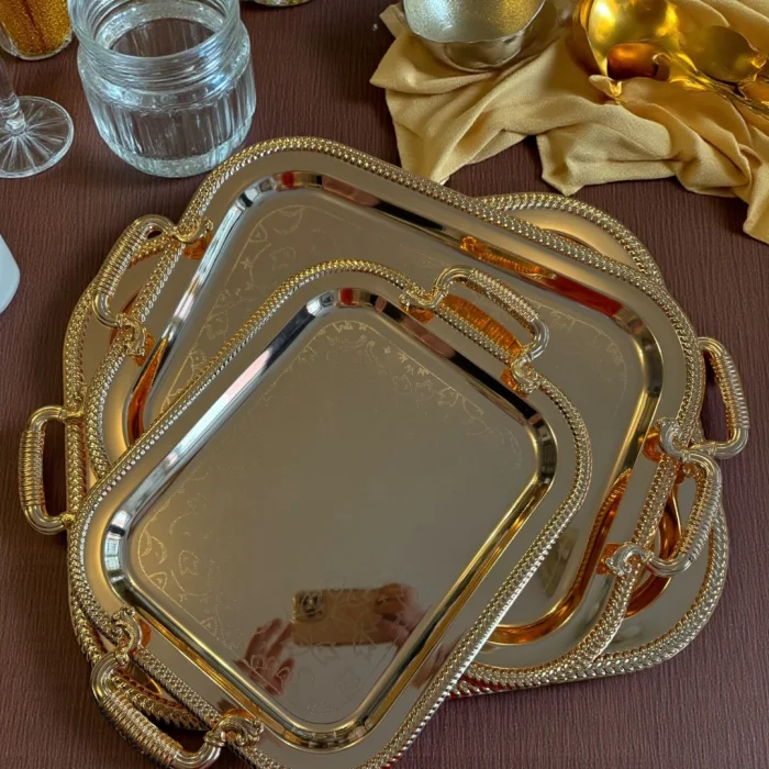 RoyalLine Lüks Desenli Dikdörtgen Çelik Tepsi Seti