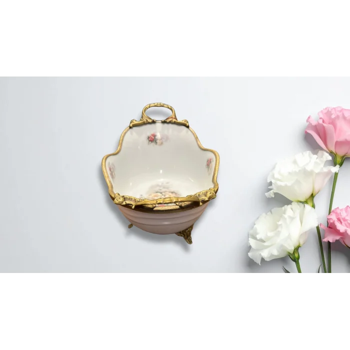 Limoge Çiçek Desenli Altın Detaylı Porselen Sunum Kasesi
