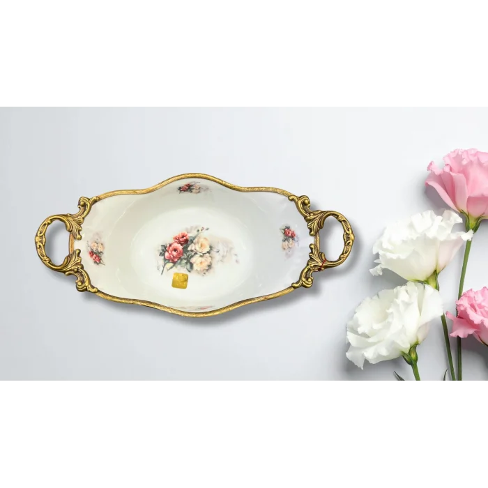 Limoge Çiçek Desenli Altın Detaylı Porselen Sunum Kasesi