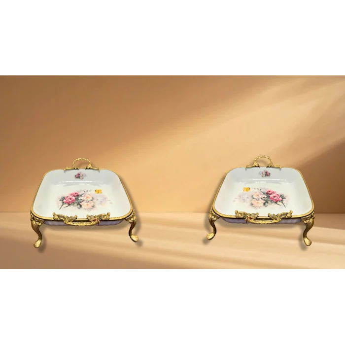 Limoge Çiçek Desenli Altın Kulplu Kare Porselen Sunum Kasesi – 24 cm (5 cm Derinlik)