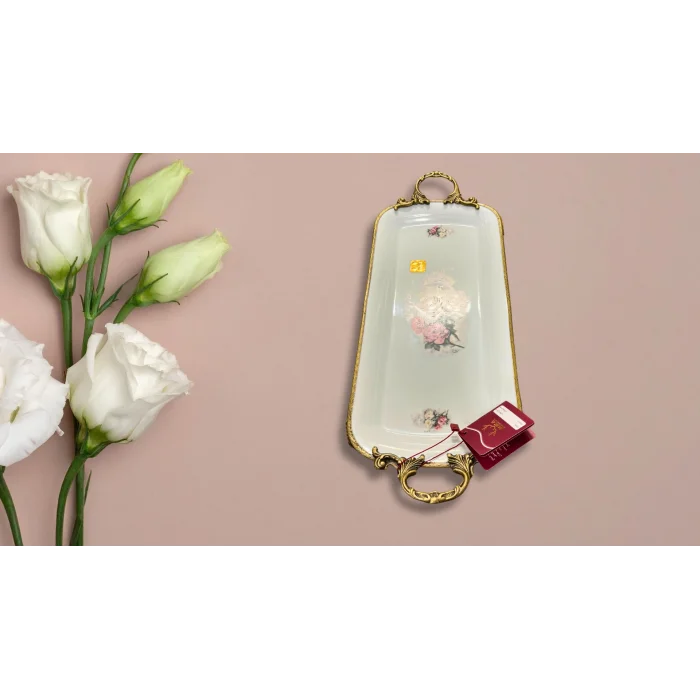 Limoge Çiçek Desenli Altın Kulplu Dikdörtgen Porselen Sunum Tabağı – 39×19 cm (Ayaklı)