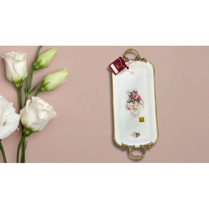 Limoge Çiçek Desenli Altın Kulplu Dikdörtgen Porselen Sunum Tabağı – 39×19 cm (Ayaklı)