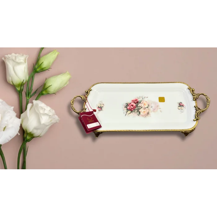 Limoge Çiçek Desenli Altın Kulplu Dikdörtgen Porselen Sunum Tabağı – 39×19 cm (Ayaklı)