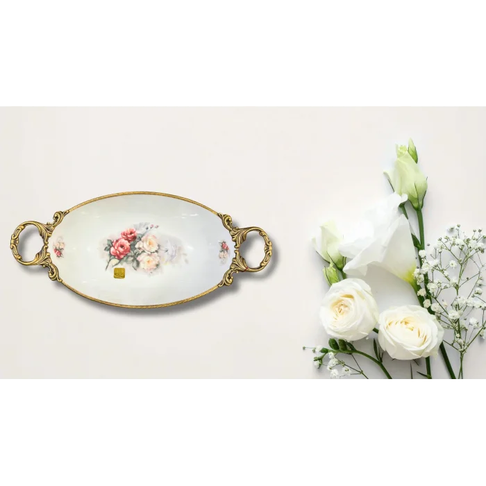 Limoge Çiçek Desenli Altın Kulplu Oval Porselen Sunum Kasesi – 40×8 cm (Ayaklı)