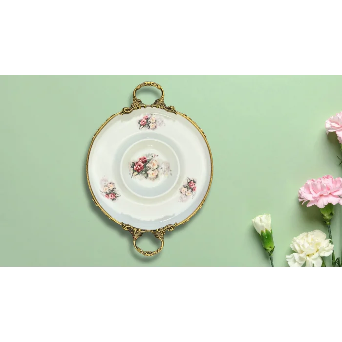Limoge Çiçek Desenli Sos Hazneli Porselen Sunum Tabağı 39×30 cm | Ayaklı & Altın Detaylı Çift Kulp